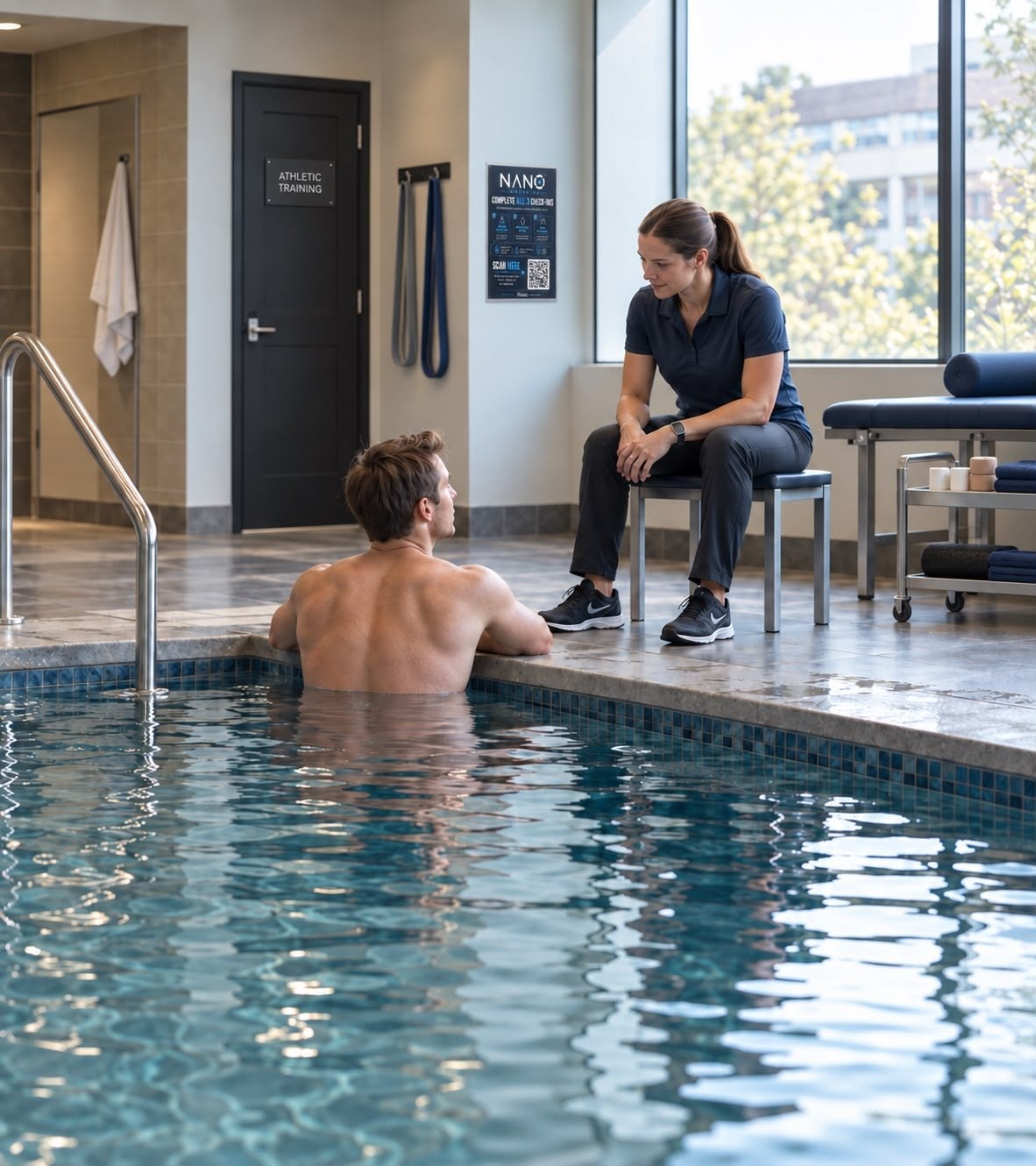 Athletic trainer consulting with an athlete at poolside, with NANO Immersion signage visible on the facility wall.