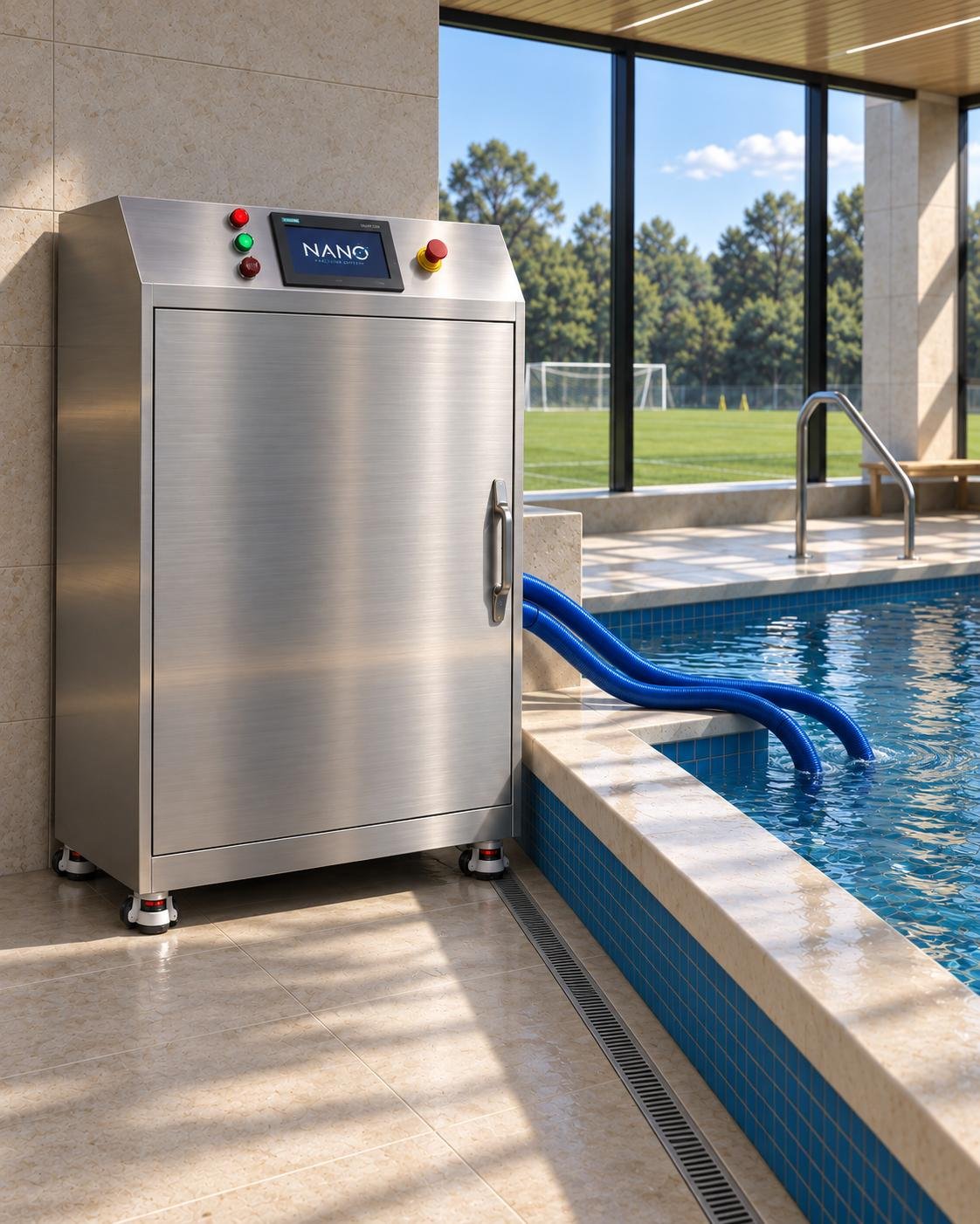 NANO Immersion Facility System installed beside a professional hydrotherapy pool, connected with dual hoses